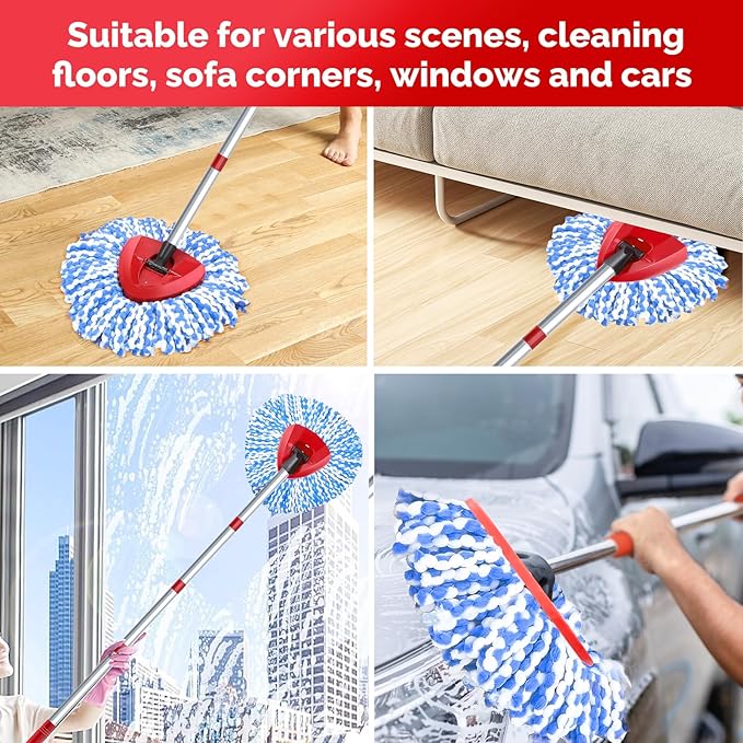 Spin Mop Head, Base, Handle Replacement for O-Ceda RinseClean 2 Tank System,4 Microfiber Mop Refills, 1 Base and 30-58in Handl Set Combo (Blue 2 Tank System)