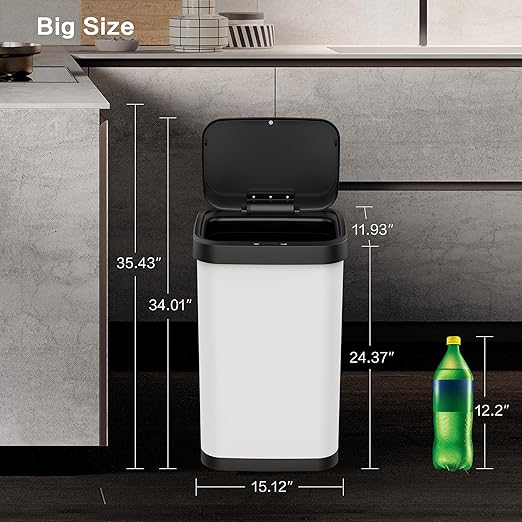 13 Gallon Stainless Steel Touchless Sensor Trash Can with, Wide Rectangular Design, Brushed Finish – Automatic Lid for Home, Office, Kitchen, Bathroom, and Commercial Use (White)