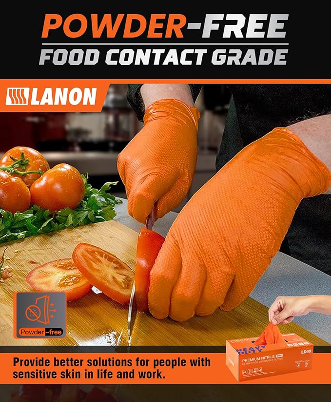 LANON 8mil Orange Disposable Nitrile Gloves, Mechanic, Heavy Duty, Food Safe, Latex Free, Powder Free, Fully-Diamond Textured, Small