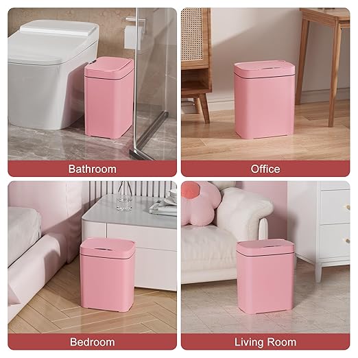 2 Pack 2.7 Gal Bathroom Trash Can with Lid, Automatic Trash Can Small Smart Garbage Can Touchless, Slim Motion Sensor Waterproof Plastic Trash Bins for Bedroom Office Kitchen Toilet Pink