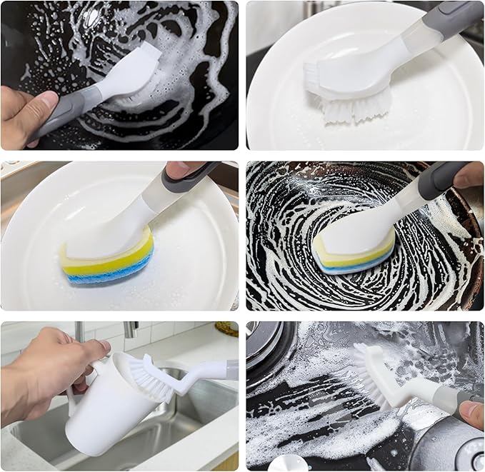 Dish Brush with soap Dispenser,4 PCS Replacement Brush Refills dishwashing Brush Set for Kitchen Utensils, Pans, Sinks, cookware