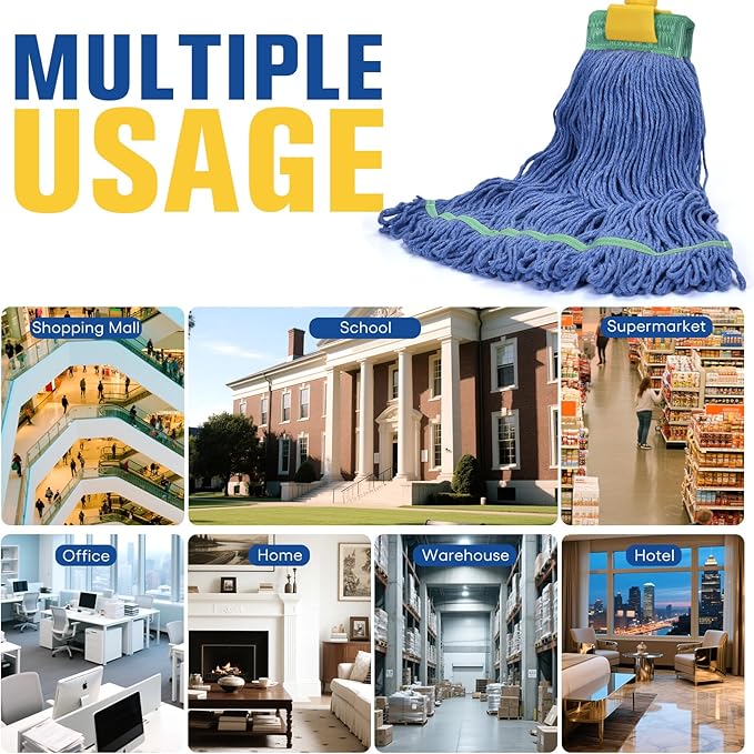 Matthew Cleaning Commercial Mop Head Replacement, 5 Inch Wide Headband, Looped End Cotton Blend String Wet Mops for Floor Cleaning, 28 oz Extra Large, 3-Pack Blue