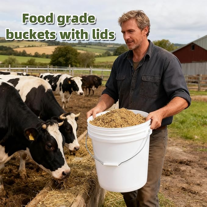 ASEVAT White 5 Gallon Bucket with Lid, Food Grade Storage Containers with Lids, Pail Container, Bucket for Cleaning Heavy-Duty Extra Durable Lron Handles BPA Free