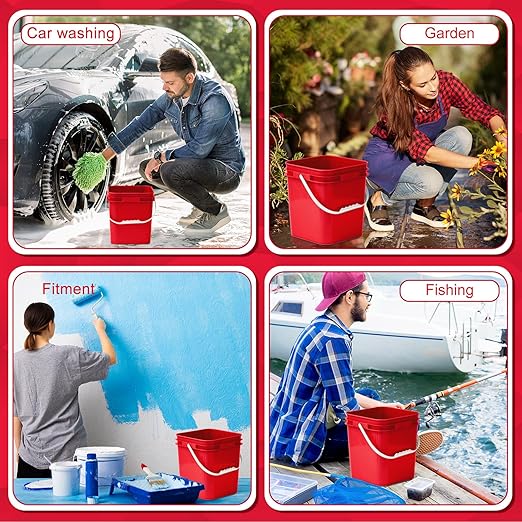 Mumufy 5 Pcs 3.5 Gallon Square Food Grade Bucket with Lid Square Bucket Pail with Plastic Handles for Storing Dry Food, Charcoal, Camping, Fishing (Red)