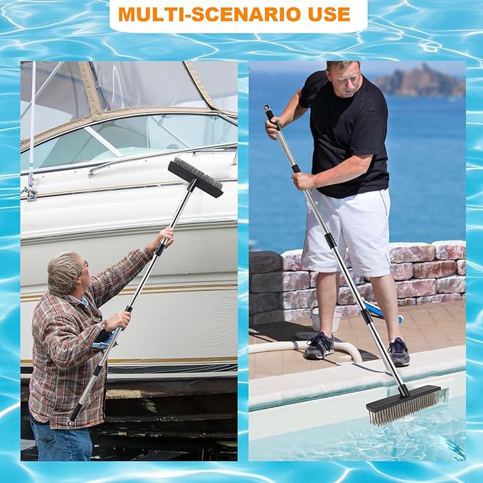 Deck Brush Steel Wire Broom with Long Handle Stiff Scrub Brushes for Cleaning Boat Patio Concrete Moss Remover