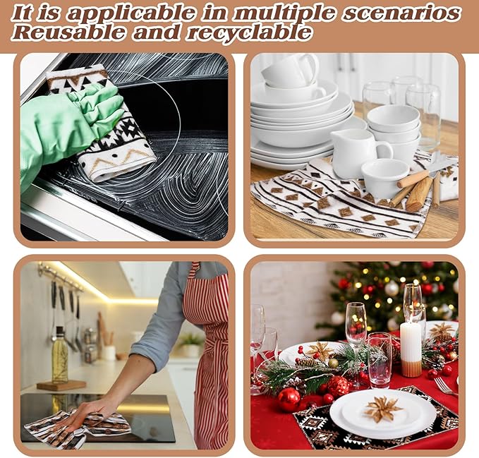 36 Pack Reusable Cleaning Cloths Washable Cotton Kitchen Towels for Home(Western Aztec,Brown)