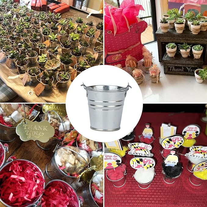 50 Pack 2.1 Inch Mini Metal Buckets with Handle, Galvanized Mini Tin Buckets, Small Iron Bucket, Mini Metal Pail for DIY Project, Holiday, Party, Home Decoration