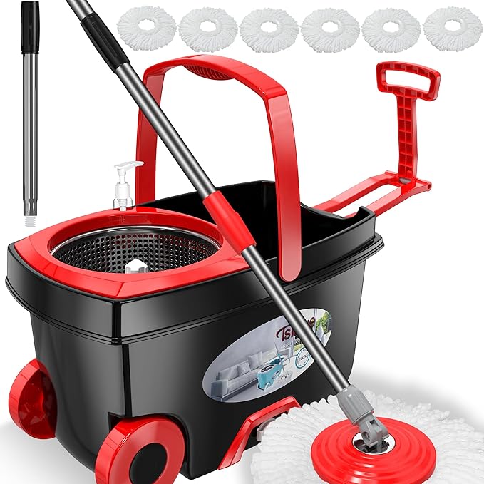 FunClean 360° Spin Mop and Bucket Set with Wringer, 6 Extra Microfiber Heads, 61" Extended Handle for Effortless Floor Cleaning, 2X Wheel Design - Black