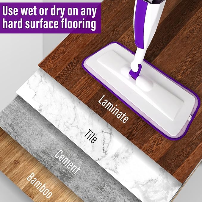 Spray Mops for Floor Cleaning Floor Mop with a Refillable Spray Bottle and 3 Washable Microfiber Pads Home or Commercial Use Dry Wet Flat Mop for Hardwood Laminate Wood (Purple)