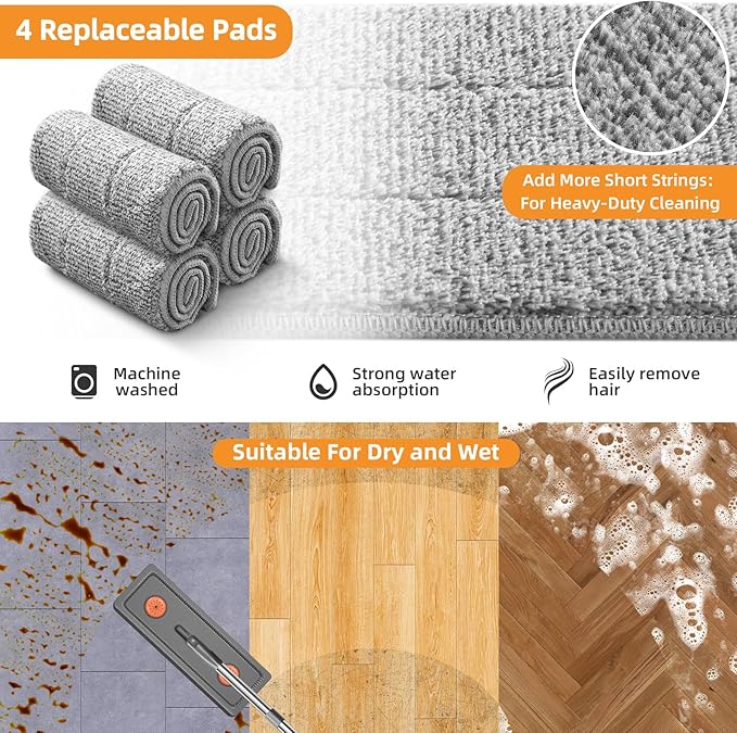 MOPALL Mop and Bucket with Wringer Set for Home, Hands-Free Flat Mop and Bucket Set for Floor Cleaning and Window Wall Cleaner, Wet and Dry Mop with 61" Long Handle and 4 Microfiber Pads