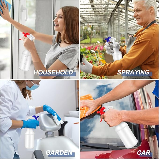 Zubebe 24 Pack 32 oz Plastic Spray Bottle Bulk Empty Leakproof Heavy Duty Spray Bottles for Cleaning Supplies Mist Bottles with Label and Adjustable Nozzle for Plant(Red, Blue,Clear Scale)