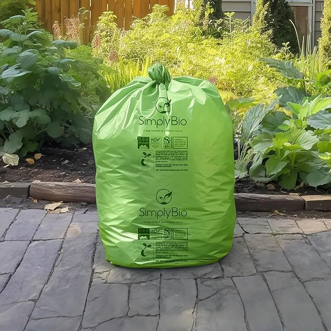 30-33 Gallon Compostable Trash Bags with Flat-Top, Heavy Duty Extra Thick 1.57 Mil, 124.92 Liter, 30 Bags, Large Lawn and Yard Waste Bag, ASTM D6400, US BPI and OK Compost Home Certified