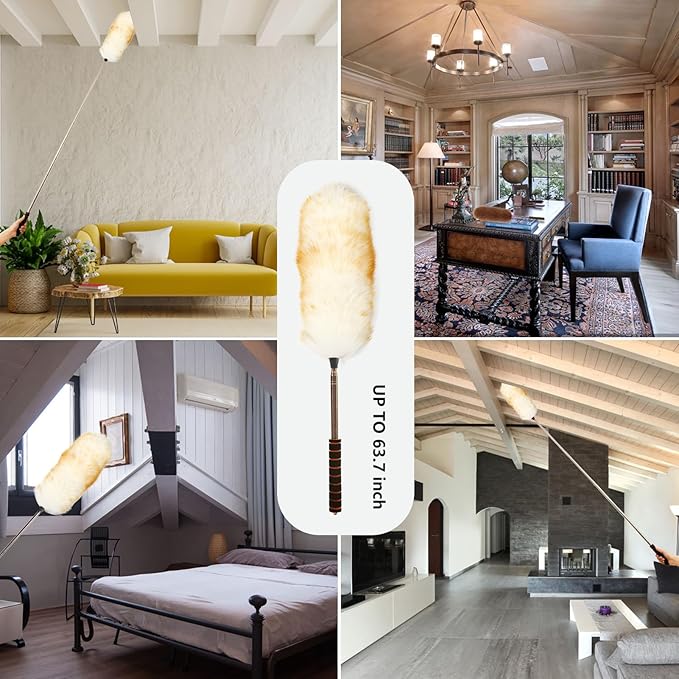 Lambs Wool Extendable Household Cleaning Duster 64" Wall Duster Cleaner with Stainless Steel Long Handle and Extension Pole for Cleaning High Ceiling Fan Interior Roof, Yellow&White