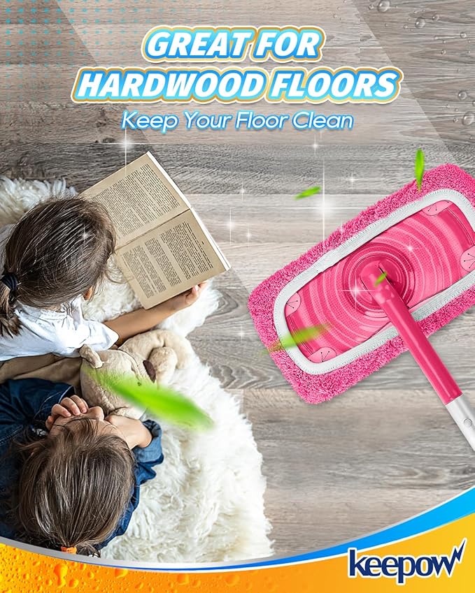 KEEPOW 6 Pack Reusable Mop Pads Compatible with Swiffer Sweeper, Coral Fleece Pink Washable Swiffer Mop Pads, Dry & Wet Sweeping Mopping Cloths (Pink, Not Included Mop)