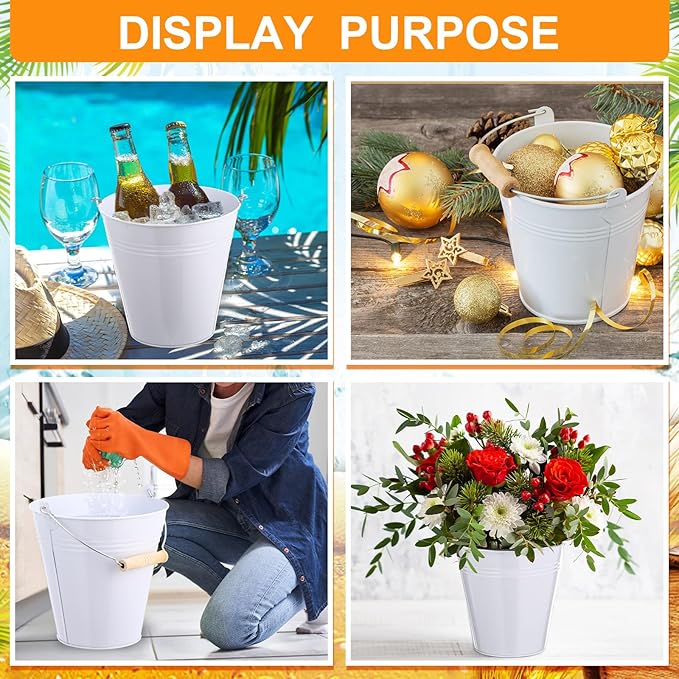Zopeal 6 Pcs Large Metal Bucket Beer Bucket Galvanized Steel Pail with Handle for Gifts Basket Ice Candy Party(7.4 x 7.2 x 4.6 Inch,White)