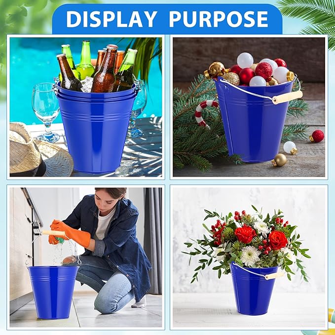 Zopeal 6 Pcs Large Metal Bucket Beer Bucket Galvanized Steel Pail with Handle for Gifts Basket Ice Candy Party(7.4 x 7.2 x 4.6 Inch,Dark Blue)