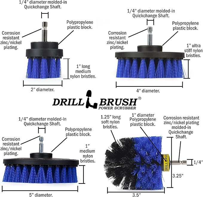 Drillbrush Boat Hull Cleaner Set/Swimming Pool Accessories - Cleaning Drill Brushes for Vinyl Liners - Hot Tubs and Spas Cleaning Brush Kit - Pool Cover Scrubber - Rotary Brushes for Walls and Deck