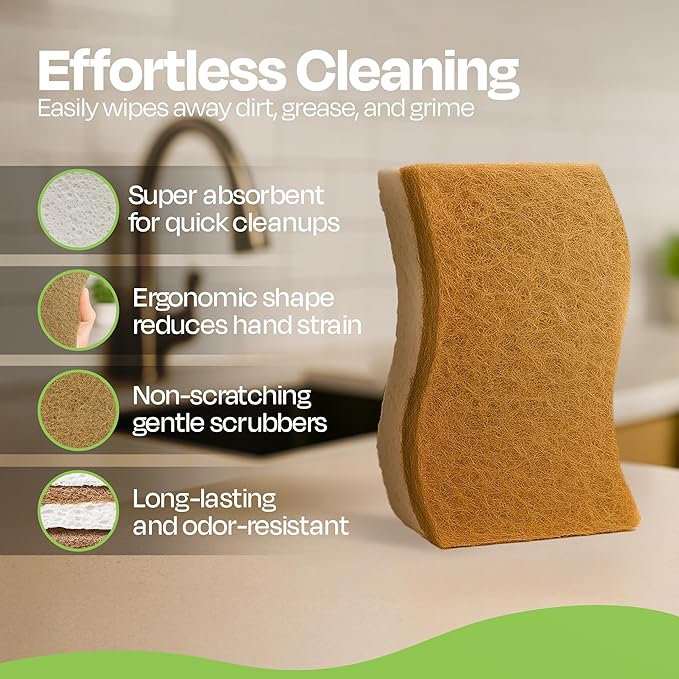 Natural Kitchen Sponges Pack of 12 - Biodegradable Compostable Cellulose & Coconut Scrubber Sponge with Non-Scratch - Long Lasting, Eco Friendly Sponges for Dishes, Heavy Duty Dish Scrubber