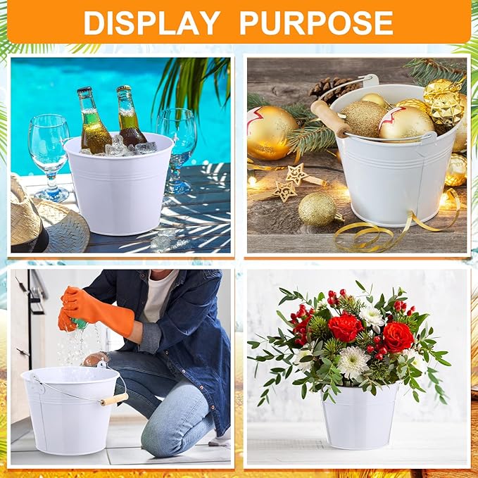 Zopeal 6 Pcs Large Metal Bucket Beer Bucket Galvanized Steel Pail with Handle for Gifts Basket Ice Candy Party(9 x 7 x 7 Inch,White)