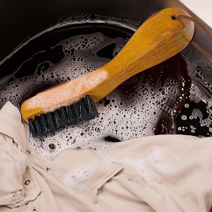 TAKAVU Stain Brush, Laundry Brush for Stain Removal, Natural Black Boar Bristle Cleaning Brush with Ergonomic Handle, Suitable for Delicate Fabrics Without Damage, Perfect Laundry, Shoes, Boots, Home