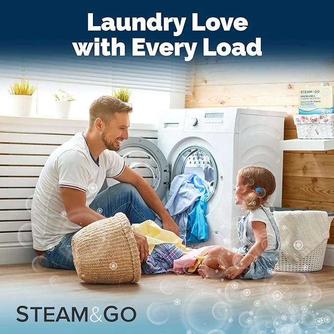 Steam and Go Premium+ Laundry Detergent Sheets – 5in1 Dissolvable Sheets with Enzymatic Cleaning, Antibacterial Action, Color Protection, Fresh Fragrance & Purifying – Boutique Hotel Scent, 30 Ct