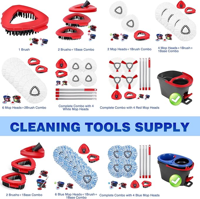 Mop Heads Replacements Complete Combo Set for O-Ceda,4 Pcs Machine Washable Microfiber Spin Mop Refills Replace Heads,1Scrub Brushs,1Base,1 Set Handle,Spin Replacements for Tub and Tile Cleaning