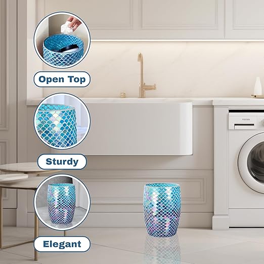 Escenzy Mermaid Bathroom Trash Can Mosaic Glass 5L | Decorative Small Garbage Can | 7" x 10" | Luxury Waste Basket for Restroom, Office, Bedroom & Kitchen | Shiny Glass Mermaid Bathroom Accessories