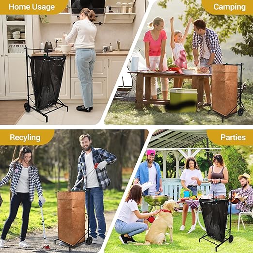 CAROD Trash Bag Holder, Adjustable Metal Leaf Bag Holder from 30-45 Gallon Capacity, Mobile Garbage Bags Cart, Outdoor Garden Leaf Bags Stand for Yard & Lawn Cleanup, Gardening, Camping, Parties