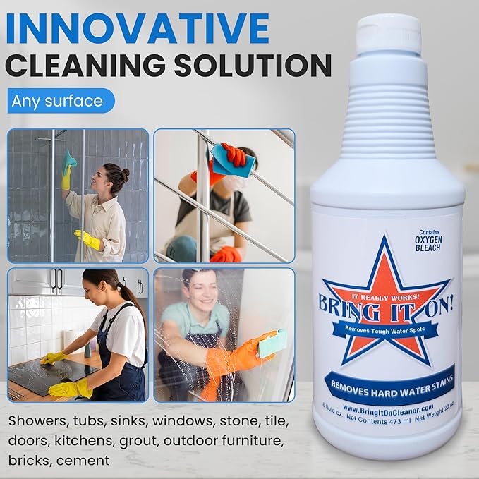 Bring It On Cleaner Hard Water Stain Remover for Glass, Soap Scum remover for Shower glass, Fiberglass, Windows, Tile & Grout, Water Spot Remover for Glass Door Bathroom, Lime Scale & Sink 32Oz 2Pack