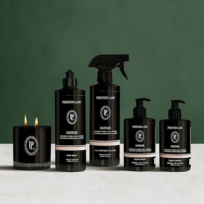 Preston Lane Signature Set, Includes All Purpose Cleaner, Dish Soap, Hand Wash, Hand Cream, & Scented Candle, Mayfair