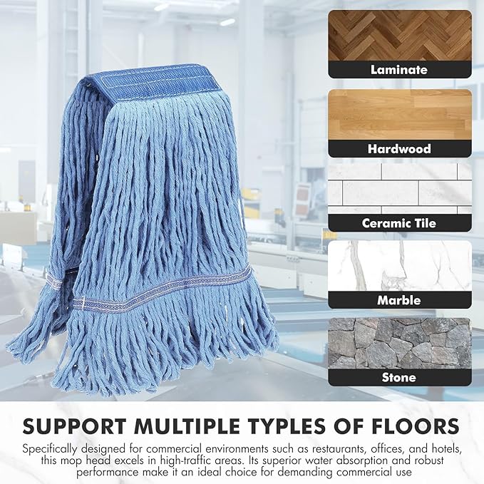 KULED Commercial Mop Head Replacement, Heavy Duty Industrial Cotton Mop Heads, Looped-End String Wet Mop Head for General and Floor Cleaning, Blue (3 Count)