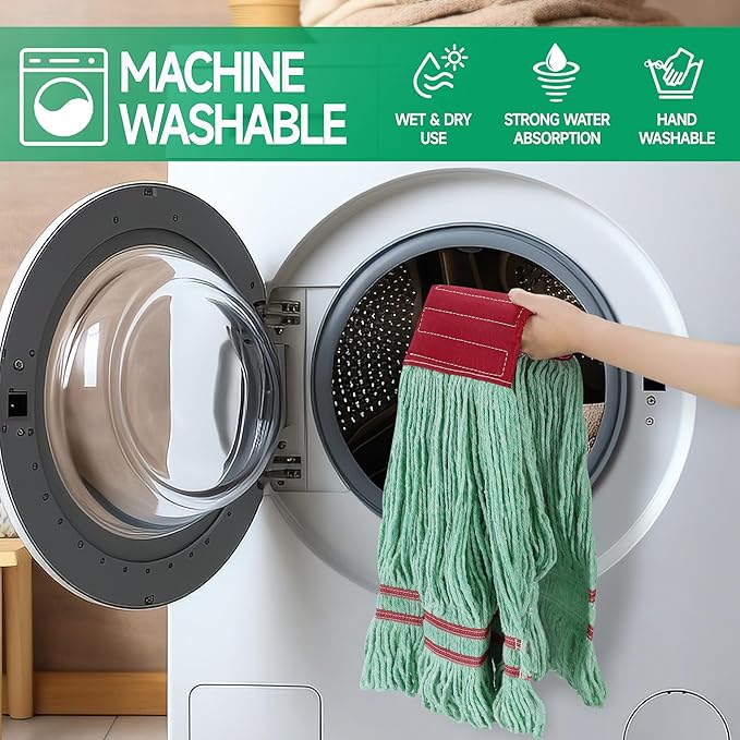 ONESIMUS 30 oz Pack of 3 Cleaning Heavy Duty Industrial Commercial Grade Looped-End Mop Head Replacement,6'' Headband Cotton String Wet Mop Head Refills,Machine Washable Green Mop