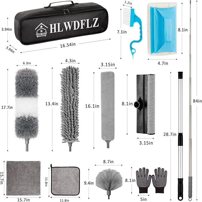 Microfiber Duster Kit 23pcs with 30 to 100 Inches Extension Pole and Extendable Window Squeegee, Washable and Bendable Feather Duster for Cleaning Ceiling Fans, High Ceilings, Cobwebs, Blinds