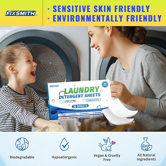 FIXSMITH Laundry Detergent Sheets - 60 Loads (30 Sheets) Fragrance Free - Hypoallergenic,Unscented,Eco Friendly Laundry Detergent Strips Concentrated Travel Detergent Sheets.Plastic-Free,Liquidless