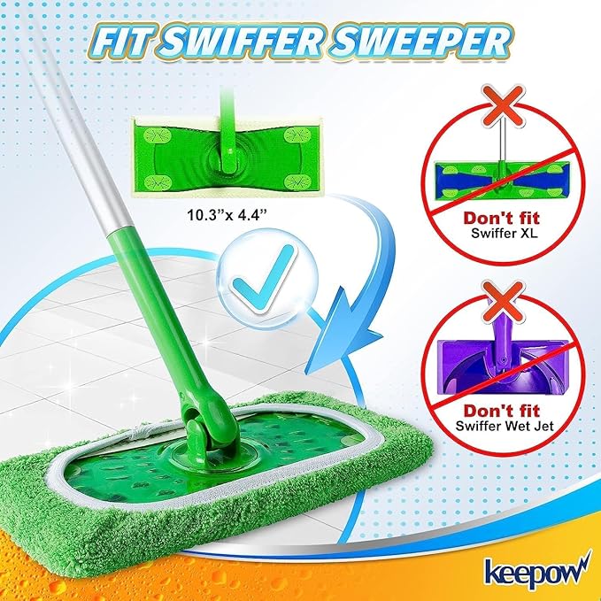 KEEPOW Reusable Microfiber Mop Pads Compatible with Swiffer Sweeper, 4 Pack Dry Sweeping Cloths & Wet Mopping Cloths, Washable Wet Pads Refill for Mopping Floors