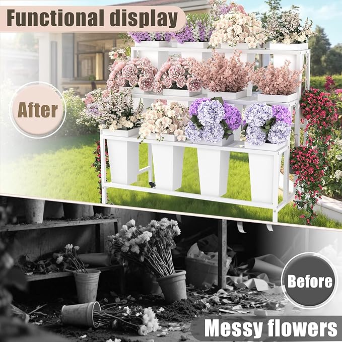 Flower Cart Display Stand with Buckets & Wheels – 3-Tier Mobile Flower Bar Cart for Shops, Weddings, Garden, and Home – Includes 12 Buckets & 4 Hooks