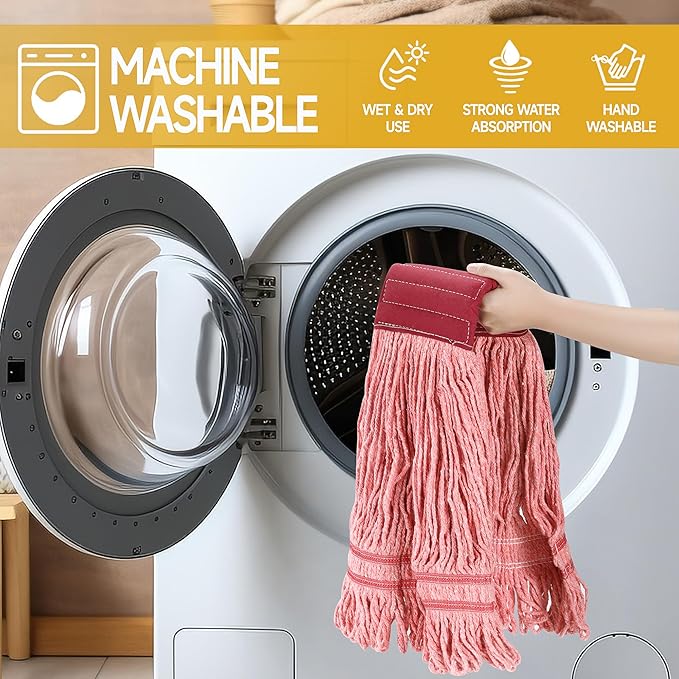ONESIMUS 30 oz Pack of 6 Cleaning Heavy Duty Industrial Commercial Grade Looped-End Mop Head Replacement,6'' Headband Cotton String Wet Mop Head Refills,Machine Washable Red Mop