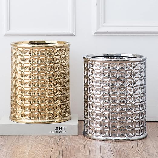 Gold Ceramic Trash Can - Round Waste Bin for Bathroom Vanity & Kitchen Desk, Durable Small Garbage Can with Lid, Modern Home Office Decor, Space-Saving Design