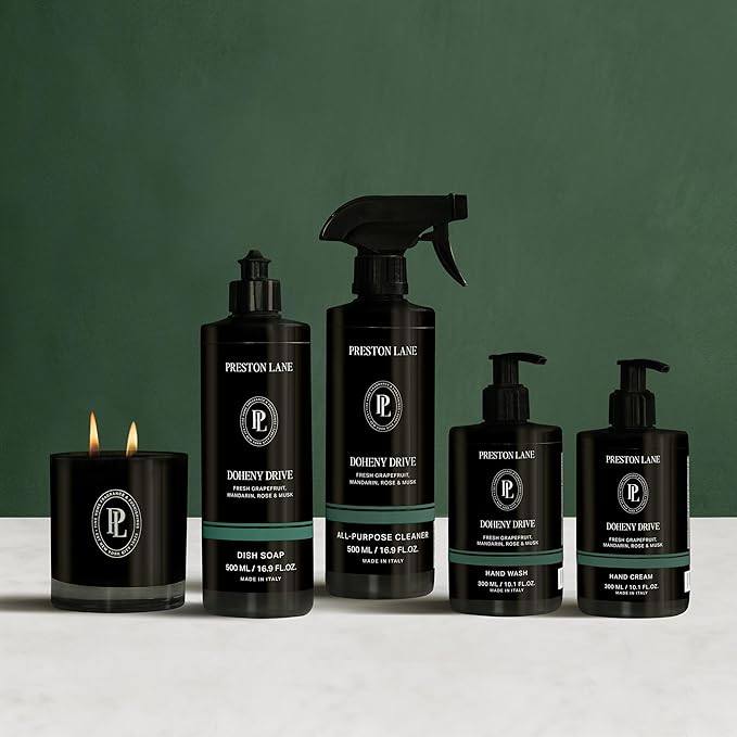 Preston Lane Signature Set, Includes All Purpose Cleaner, Dish Soap, Hand Wash, Hand Cream, & Scented Candle, Doheny Drive