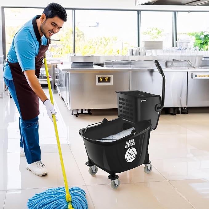Dryser Commercial Side Press Wringer Combo Mop Bucket, 33 Quart, Black