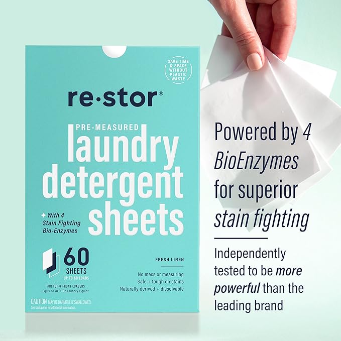 restor Laundry Detergent Sheets Fresh Linen 60 Loads | Eco Friendly Plastic Free Travel Laundry Washer Sheets | Superior Stain Fighting Washing Detergent sheets Number One in Australia