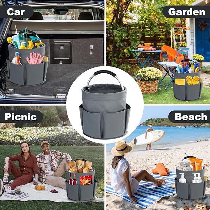 Cleaning Caddy with Handle, Cleaning Products Organiser, 17L Foldable Storage Basket, Cleaning Caddy Organiser, Portable Multi Cleaning Bucket Bag for Home, Garden (Dark Grey)