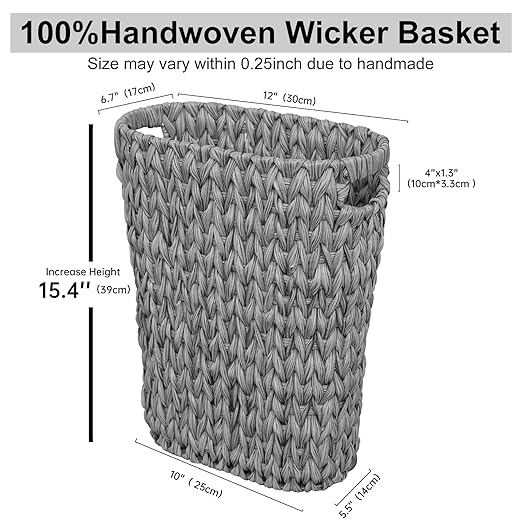 5 Gallon Wicker Trash Can,Wicker Bathroom Trash Can with Handles,Handwoven Waste Basket Waterproof Narrow Small Garbage Can for Bedroom,Bathroom,Office,Grey/20 Liters