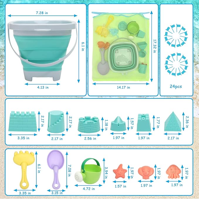 Beach Toys Sand Set for Kids, Collapsible Bucket and Shovels with Mesh Bag, Molds, Flags, Sandbox Kids Toddlers, Travel (Tavel Size)