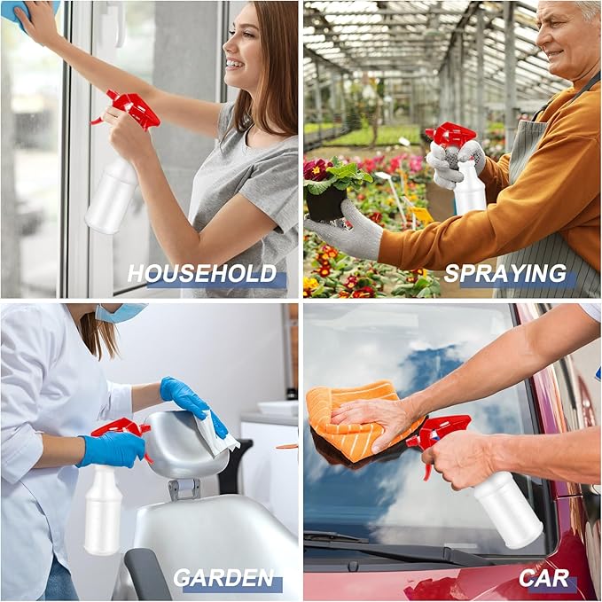 Eccliy 20 Pack 16oz Empty Spray Bottles, Leakproof Cleaning Bottles with Measurement and Adjustable Nozzle for Housekeeping, Commercial Use(Cylinder,Red Spray Head)