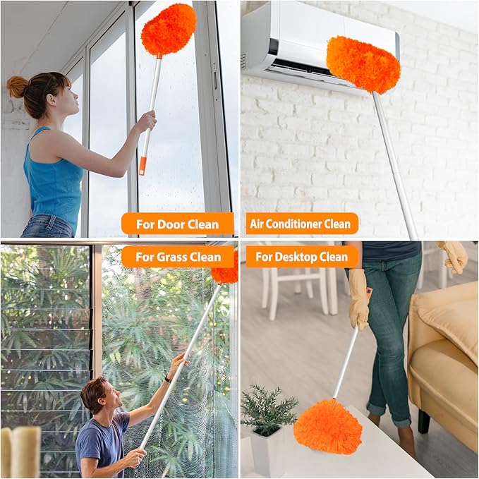 Ceiling Fan Cleaner Duster High Ceiling Extended Fan Blade Cleaner from 13 to 50 Inch Reusable Microfiber Ceiling Fan Duster with Extension Handle for Furniture Bookshelves Wall Door (Orange)