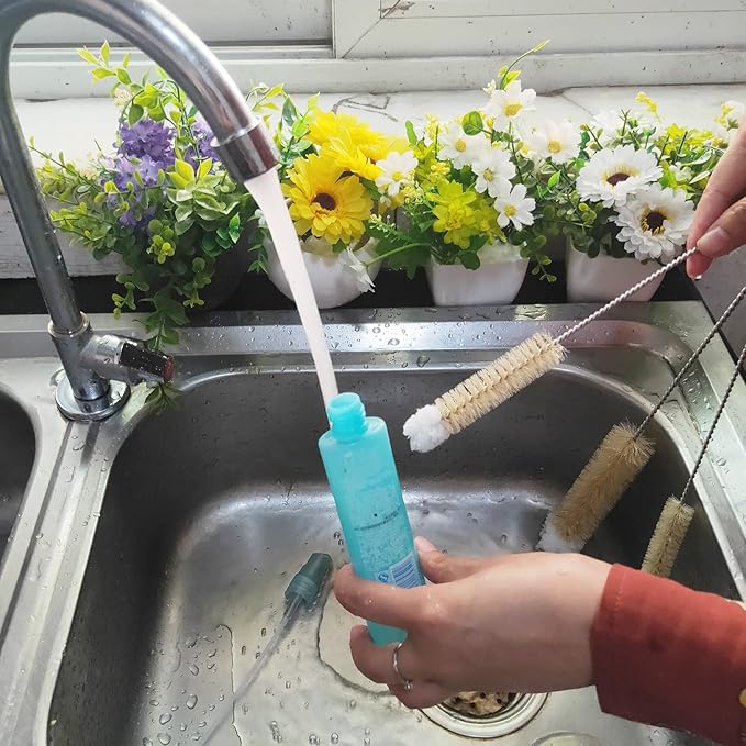 Coralpearl Bottle Brushes Thin Long Handle X 4, Skinny Wire Cleaner Set in Stainless Steel with Natural Boar Bristle at Wool Tip, Bendable Flexible for Cleaning Narrow Neck Bottles, Pipe, Tube, Hose