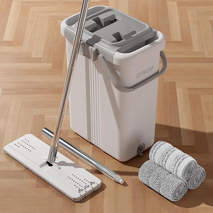 JOYMOOP Mop and Bucket with Wringer Set, Flat Squeeze Mop with Bucket (X-Large), Dust Mop for Wall Cleaner with Long Handle, Microfiber Mop - White Bucket with 3 Reusable 15" Pads
