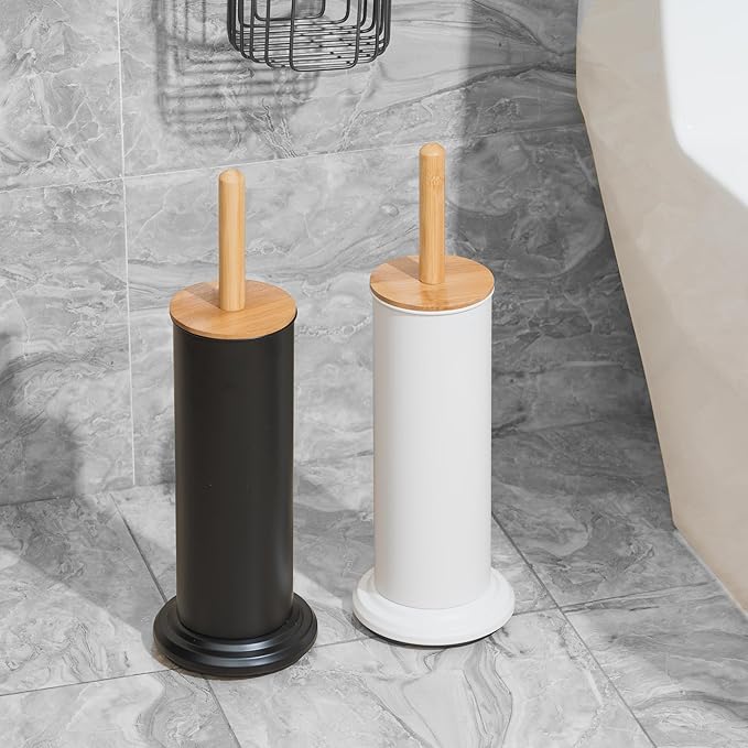 Toilet Bowl Brush and Holder, Toilet Brush with Bamboo Handle and Covered Holder, Dual Brush Options, Weighted Metal Base (Black)