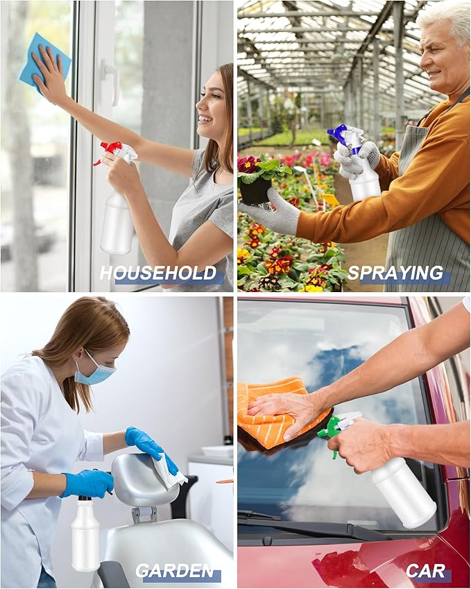 Eccliy 20 Pack 16oz Empty Spray Bottles, Leakproof Cleaning Bottles with Measurement and Adjustable Nozzle for Housekeeping, Commercial Use(Cylinder,3 Colors Spray Head)